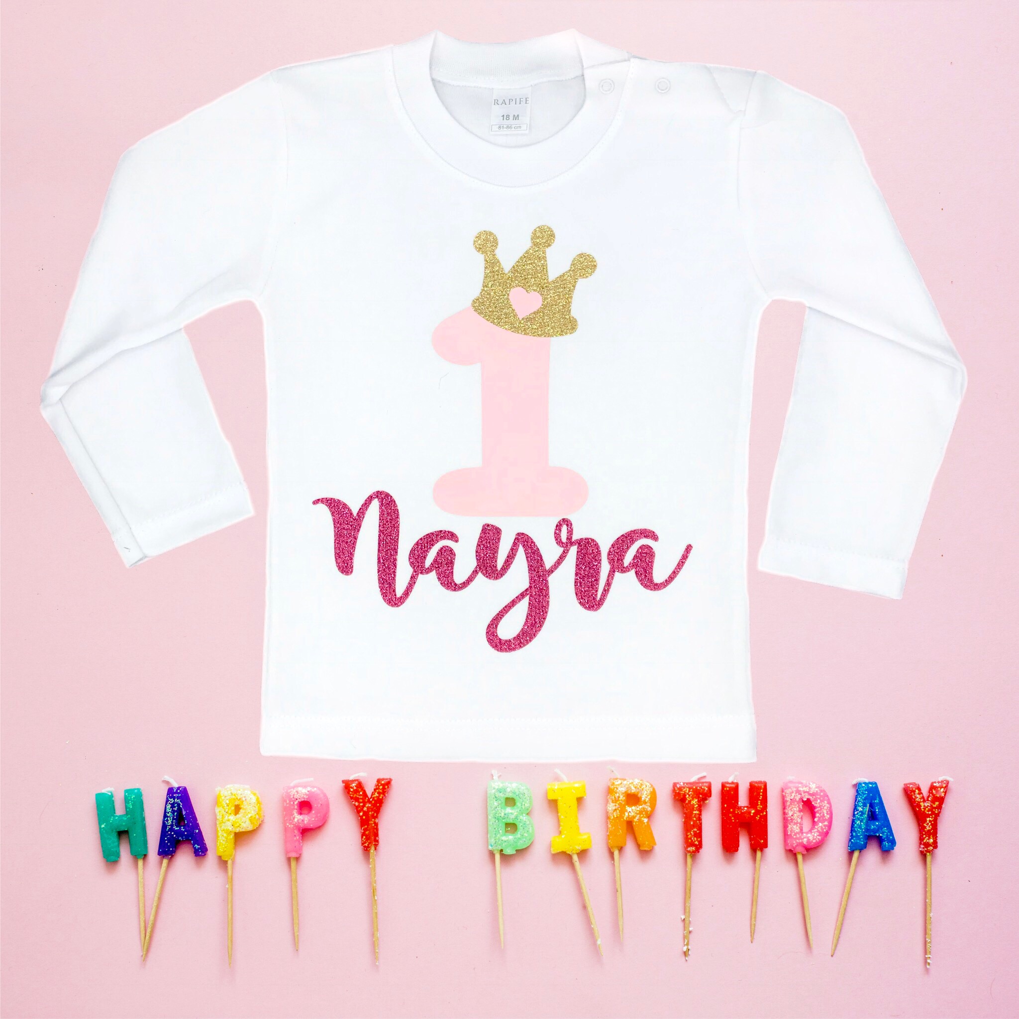 Corona Body o Camiseta personalizada nombre primer cumpleaños 1 año para niñas rosa 