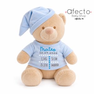 Osito de peluche con gorro y camiseta azul, personalizado con el nombre datos de nacimiento.