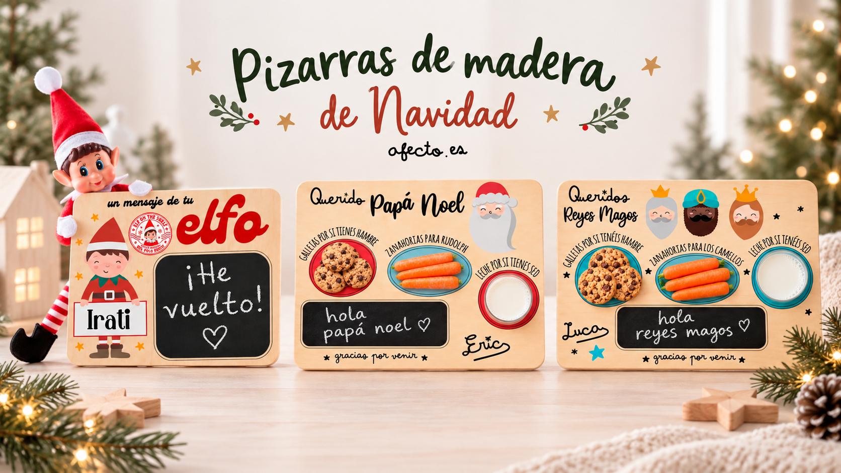 Tablas de madera tipo bandeja con pizarra Navideñas de los Reyes magos, de Papá Noel y del Elfo travieso de la Navidad.
